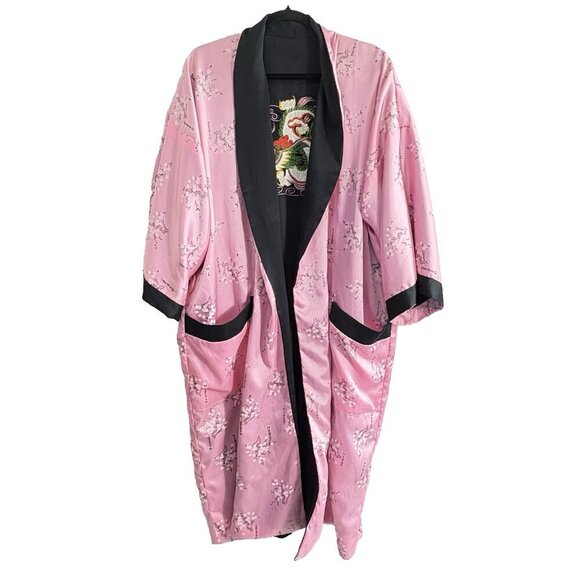 JAPANESE Women Reversible Robe One SZ Black Pink Embroidered Dragon Kimono 65-3 - Picture 8 of 13